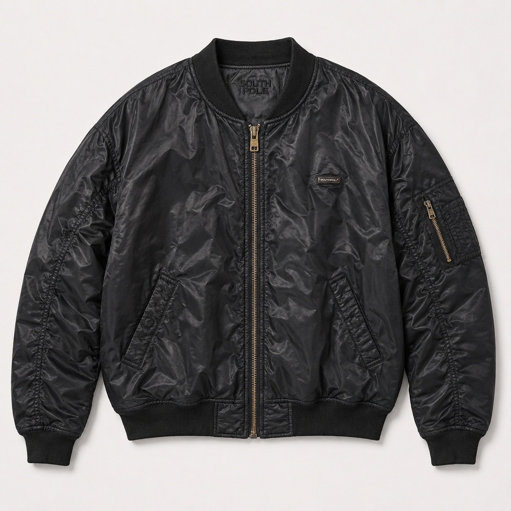 Southpole Mens Black Bomber Jacket MA-1 Flight Satin Zip Up‎ Streetwear Y2K XL